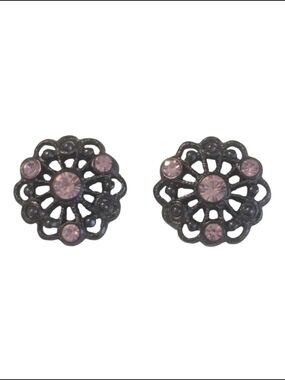 VTG Round Floral Pink Fauceted Crystals Black Filigree Stud Pierced Earrings